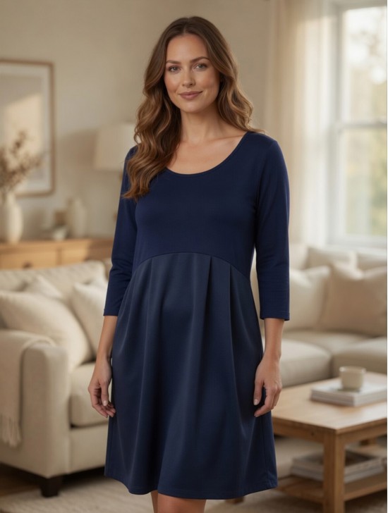 Long Sleeved Pleated Waist Fashion Dress